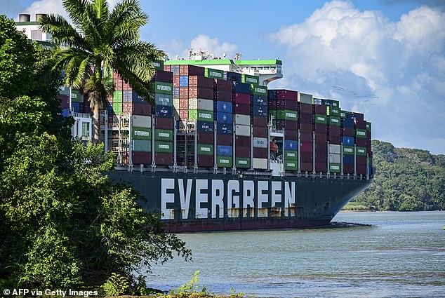 The cargo ship Evergreen waits at the Miraflores locks on the Panama Canal on January 11