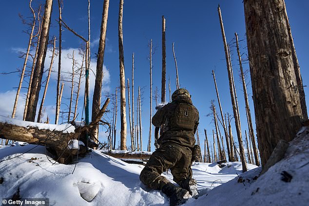 Ukrainian soldiers of the Ukrainian National Guard maintain their positions in the snow-covered Serebryan Forest on January 12