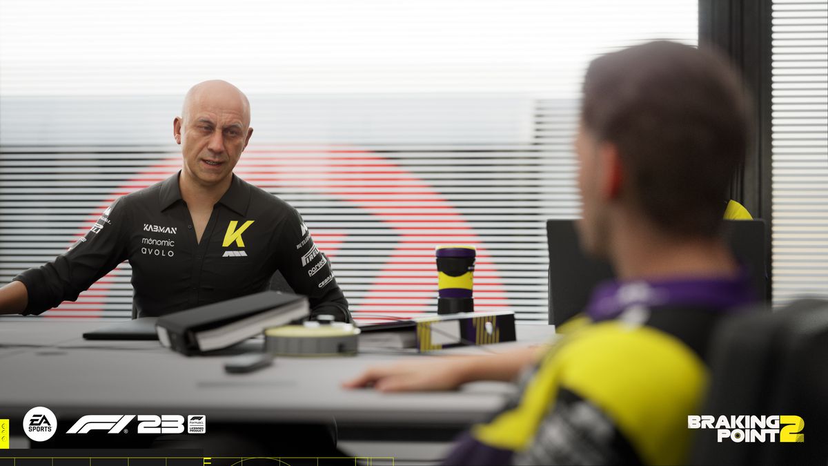 Scene from F1 23's Braking Point 2 story: Team boss Andreo Konner talks to a driver in his office