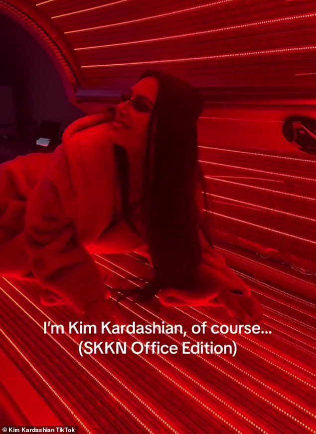 Despite having a family history of melanoma, Kim felt comfortable showing off the huge tanning bed in her office as part of a new TikTok trend