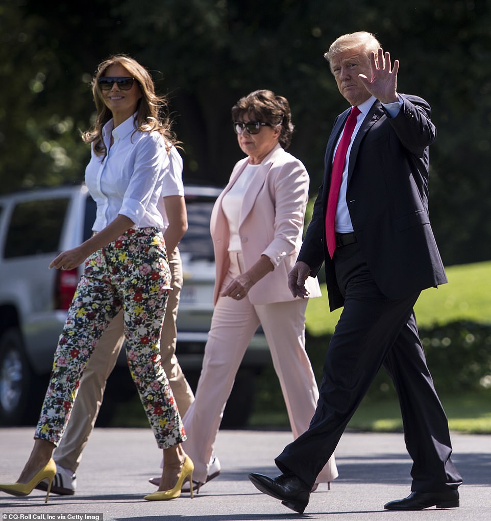 Melania's mother Amalija Knavs (center, photo in June 2018) was buried Thursday in the same picturesque church in Palm Beach where her daughter married Donald Trump almost twenty years earlier