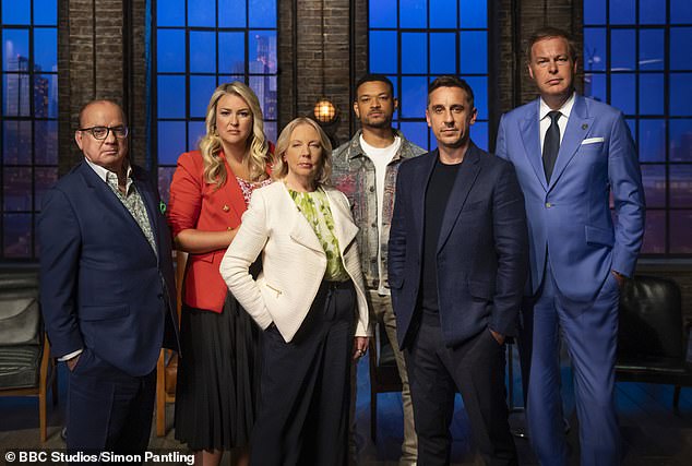 Neville was also praised by the show's regular tycoons (left-right) Touker Suleyman, Sara Davies, Deborah Meaden, Steven Bartlett and Peter Jones