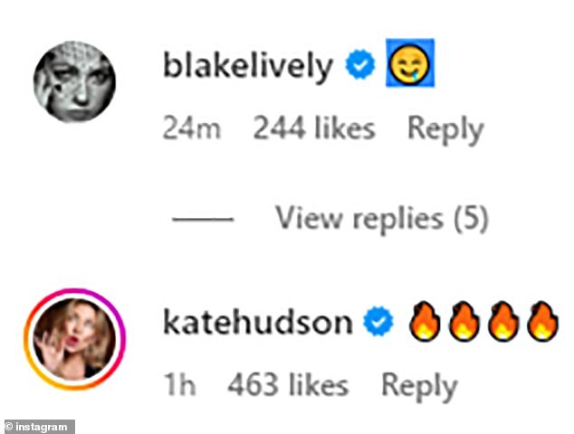 Hudson shared four fire emojis and Blake Lively posted a drooling face emoji on Hayek's post