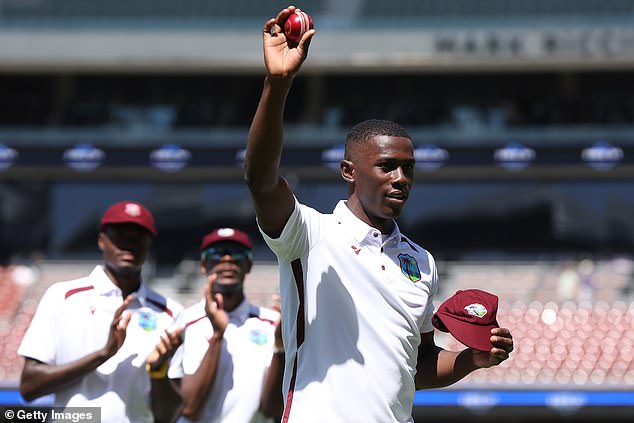 Joseph was the only bright spot for the undermanned and poorly armed Windies in Adelaide as he took a wicket with his first ball in Test cricket on his way to five scalps in Australia's first innings (pictured)