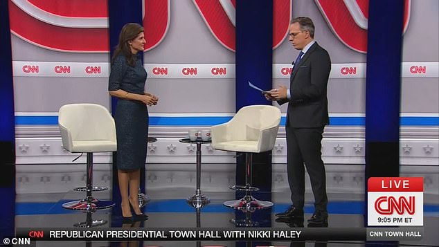 CNN's Jake Tapper (right) asked presidential candidate Nikki Haley (left) Thursday evening what a 