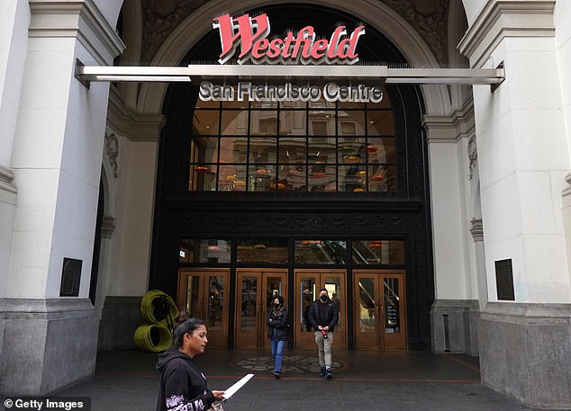 Shoppers leave the Westfield San Francisco Center on April 13, 2022 in San Francisco, California