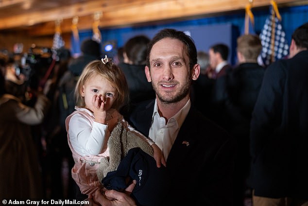 Republican presidential candidate Nikki Haley met (pictured) Steven Schimmel, 40, and his daughter Bianca Schimmel, 1, at a campaign event with New Hampshire Governor Sununu at the Alpine Grove Event Center in Hollis, New Hampshire