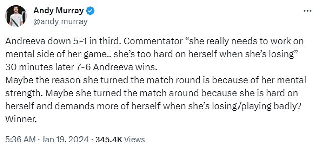 Andy Murray, meanwhile, jumped to the teenager's defense on social media after she was criticized by a commentator, who questioned the 'mental side of her game'.