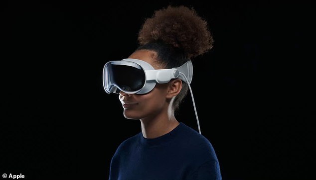 The EyeSight feature lets people in the room see the user's eyes when they are in augmented reality and turns opaque, as shown here, when immersed in virtual reality