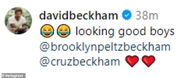 David appreciated the joke when he said: 'Looking good guys @brooklynpeltzbeckham @cruzbeckham ¿¿¿¿'