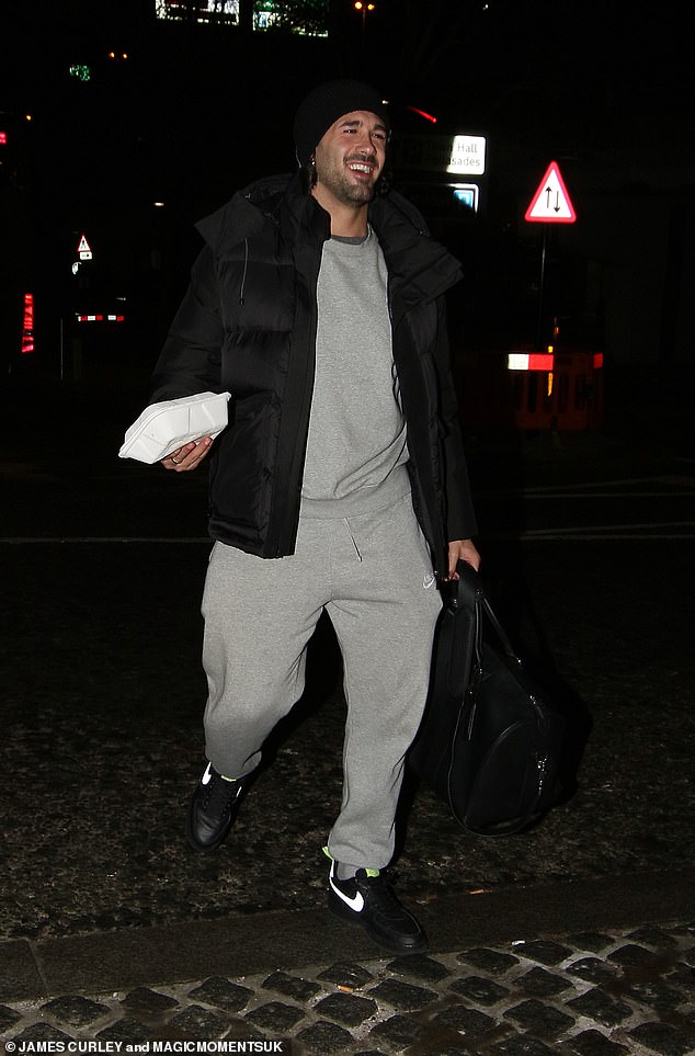 Graziano Di Prima, 29, stayed warm in a black puffed jacket and matching beanie as he looked radiant on his way out after the sweaty session