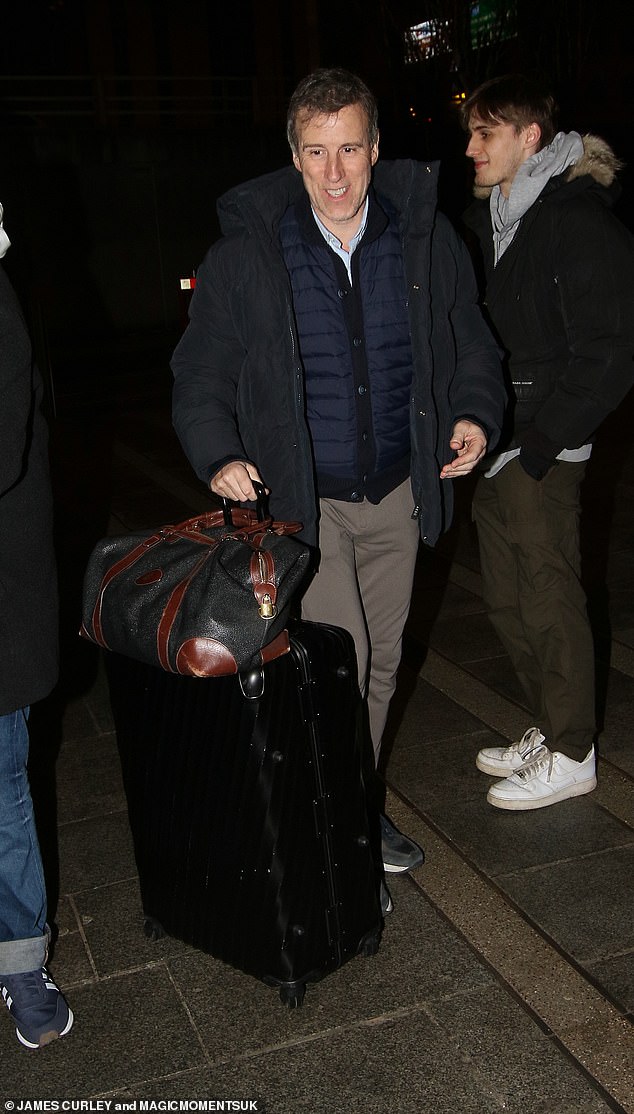 Strictly judge Anton Du Beke, 57, had his hands full carrying a heavy duffel bag and luggage as he looked chilly in a double jacket and gray trousers