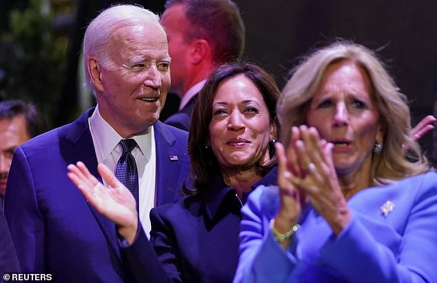 U.S. President Joe Biden, First Lady Jill Biden and Vice President Kamala Harris attend a welcome reception for leaders of the Asia-Pacific Economic Cooperation (APEC) in San Francisco, California, on November 15, 2023