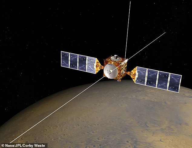 Artist's impression of the Mars Express craft over the Red Planet with the MARSIS antenna deployed