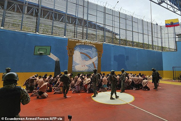 Hundreds of soldiers and police, accompanied by army trucks, poured into a huge prison complex - the same complex from which infamous gang boss Adolfo Macias, alias 'Fito', leader of Los Choneros - escaped last week.  The prison break led to the government's crackdown