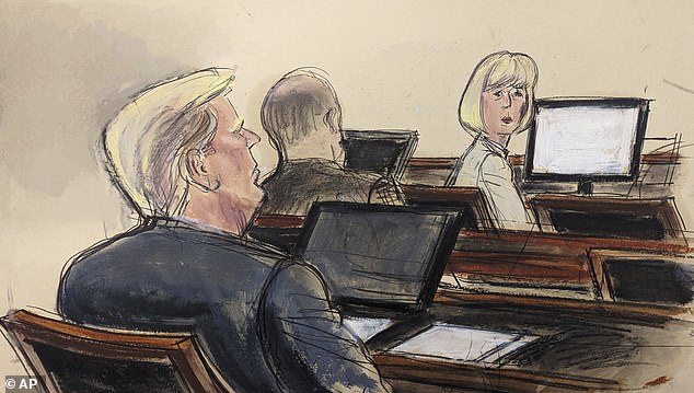 In this courtroom sketch, E. Jean Carroll (right) turns to former President Donald Trump