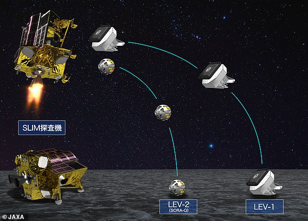 Slim will attempt a two-stage landing, first descending vertically and using his image processing software to navigate downward.  The lander will then turn on its side and attempt to land horizontally on its four legs.  During this time, as shown in the diagram, Slim will also launch two micro-robots, LEV-1 and LEV-2