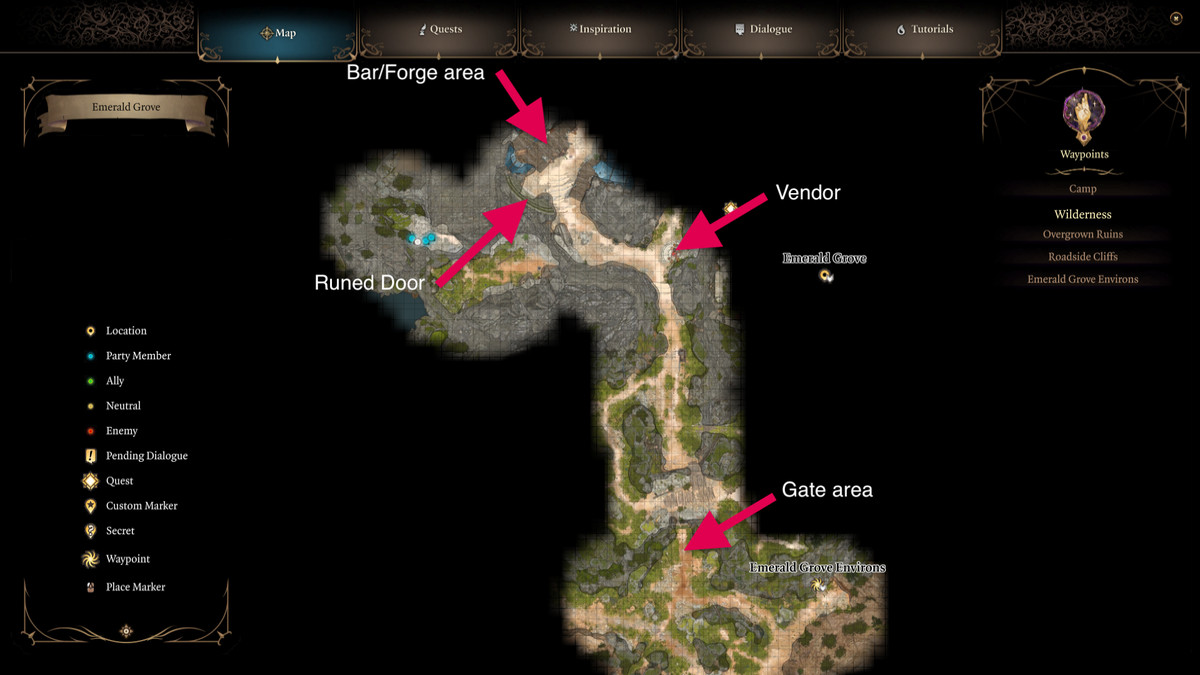 A screenshot of the area map for Act 1 of Baldur's Gate 3, with red arrows added to indicate the gate to Emerald Grove (bottom of map), the Bar/Forge area (top of map), the Ruined Door (to the left of the Bar/Forge) and a vendor NPC (to the right of the Bar/Forge)