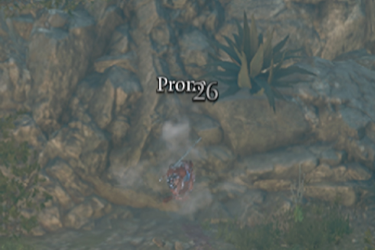 A zoomed-in screenshot of a Baldur's Gate 3 character doing a very long jump.  The status text floats above the character, indicating that they have taken 26 points of damage and are now on the ground.