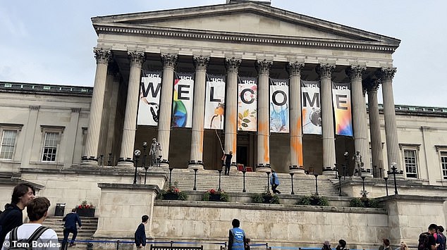 Just Stop Oil protesters are seen spraying a University College London building with paint