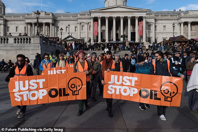 Environmentalists from Just Stop Oil march slowly from Trafalgar Square in central London as they continue their latest round of anti-fossil fuel protests in London, United Kingdom on November 20, 2023