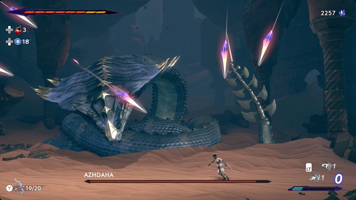 Prince of Persia: The Lost Crown Azhdaha boss fights a crystal spear attack