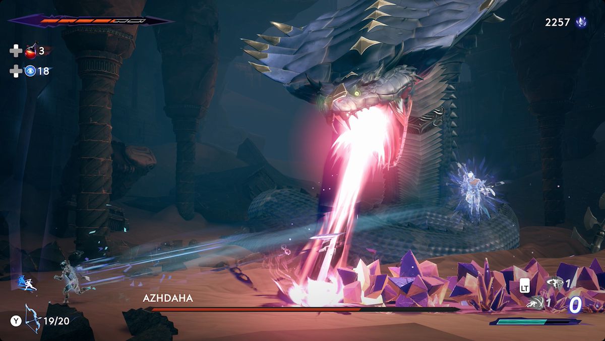 Prince of Persia: The Lost Crown Azhdaha boss fights a breath attack in the second phase