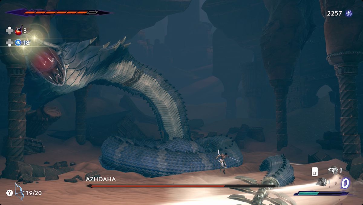 Prince of Persia: The Lost Crown Azhdaha boss fights a yellow eye attack