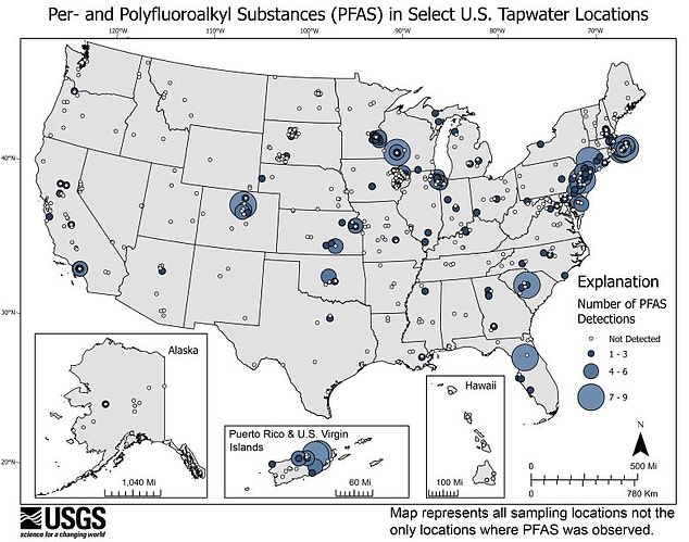 The map compiled by the US Geological Survey shows the number of PFAS detections in a wide range of locations nationwide between 2016 and 2021.