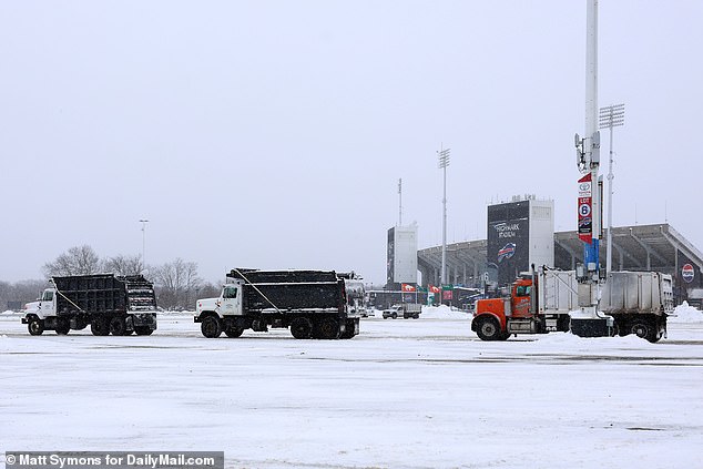 Snow removal vehicles could be seen around Highmark Stadium so the ice can melt and the ground can level and hopefully dry before Sunday's game