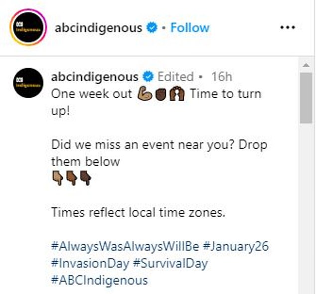 While some people mentioned the Invasion and Survival Day events in the comments section, others took issue with the ABC not celebrating the National Day