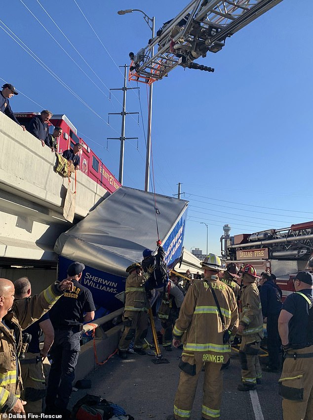 Although the incident is alarming, it is not entirely unusual.  Last month, crews were called to a stretch of I-35 to rescue a Dallas Tucker after he was left dangling from a bridge following a crash.