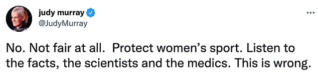 Tennis star Andy Murray's mother, Judy Murray, said Davidson's position was completely unfair to other biological women