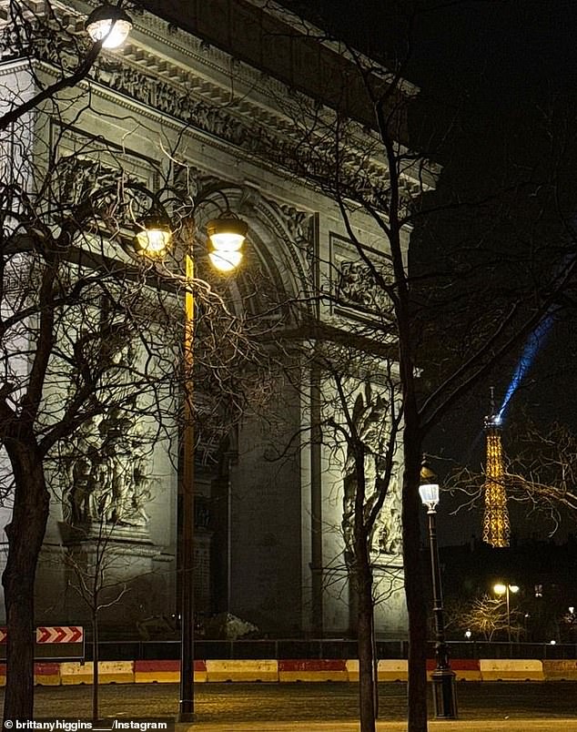 A series of photos showing Ms Higgins' first month of adventures in France include a photo of the Arc de Triomphe at night (pictured)