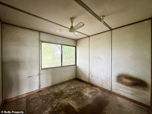 The floor in the home's bedrooms (pictured) was torn apart while cobwebs covered the ceiling