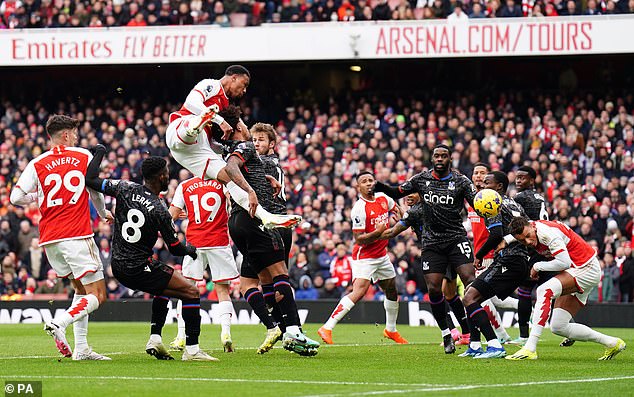 Gabriel rose high above the Crystal Palace defenders in the first corner and led his team forward