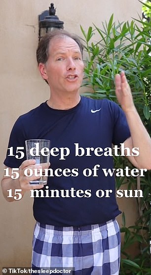 He reveals that he called the method “the three 15s to do in the morning”: 15 deep breaths to wake up your respiratory system, 16 ounces of water, and 15 minutes of sunshine.