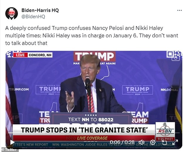 President Joe Biden's re-election campaign pounced on the gaffe, posting a clip of Trump's comment on X