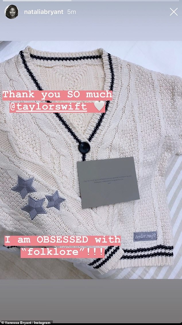 She took to her own Instagram Stories to share a photo of the garment, typing: 'Thank you so much @talorswift.  I am OBSESSED with "folklore"!!!'