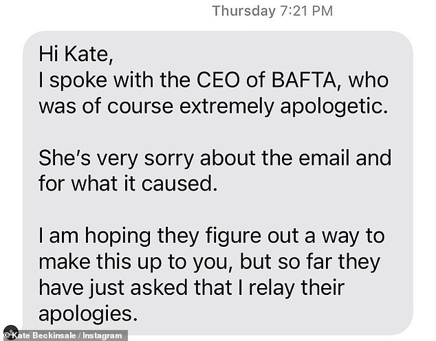 Kate shared a text message on Instagram apologizing from BAFTA, criticizing the organization for not doing so publicly