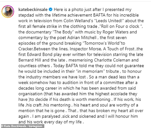 After Kate first heard of the news, she wrote: 'Here's a photo just after I presented my stepfather with the BAFTA lifetime achievement award for his incredible work on television from Colin Welland's 'Leeds United!'  about the first all-female strike in the clothing trade...