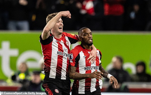 Toney scored on his return to action with his free-kick that leveled Brentford at 1–1