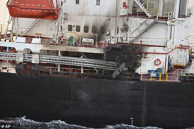 This Indian Navy photo shows the US ship Genco Picardy which was attacked by a bomb-laden drone launched by Yemen's Houthi rebels in the Gulf of Aden on Wednesday, January 18, 2024