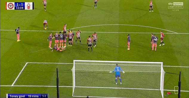 Toney moved the ball to the right twice to get a better angle at the Forest goal