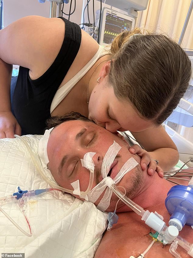 Kevin Malligan, a Sydney man who was clinically brain dead, died with his pregnant wife Leah and his family by his side.  Kevin and Leah are pictured