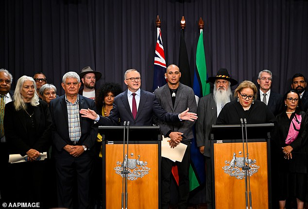 Mr Mayo (pictured centre) stands behind Prime Minister Anthony Albanese at a press conference in Canberra last year