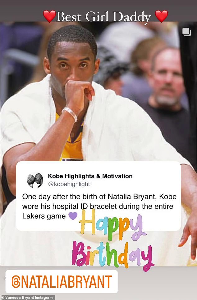Vanessa also shared a photo of her late husband Kobe Bryant courtside the day after Natalia was born, wearing his hospital ID bracelet and calling him the Best Girl Dad.  The LA Laker and daughter Gianna (Gia), 13, died in a helicopter crash in 2020