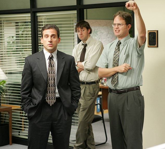 The Office, starring Steve Carell in the lead role of boss Michael Scott, received 42 Primetime Emmy Award nominations, resulting in five wins;  depicted in a scene from the show are Wilson, Carell and Krasinski