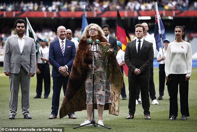 Aunt Joy Murphy Wandin welcomes the nation during day one of the second Test match between Australia and Pakistan at the Melbourne Cricket Ground on Boxing Day