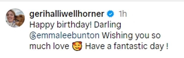 Fellow Spice Girls star Geri Horner shared sweet snaps with her bandmate, captioning it: 'Happy birthday!  Dear @emmaleebunton.  I wish you so much love.  Have a fantastic day!'